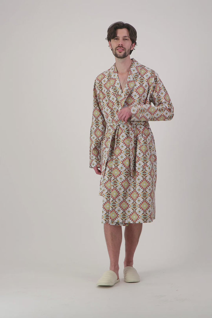 Mens robe with Southwestern geometric pattern in beige, brown and orange.