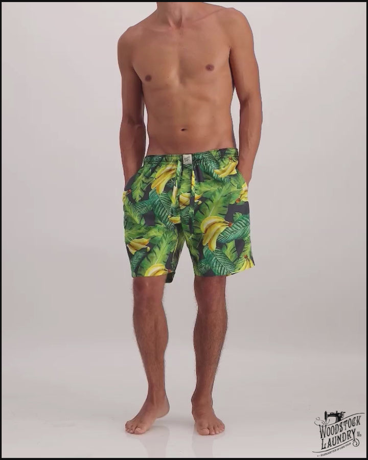 Mens lounge shorts with a bananas on leaves pattern