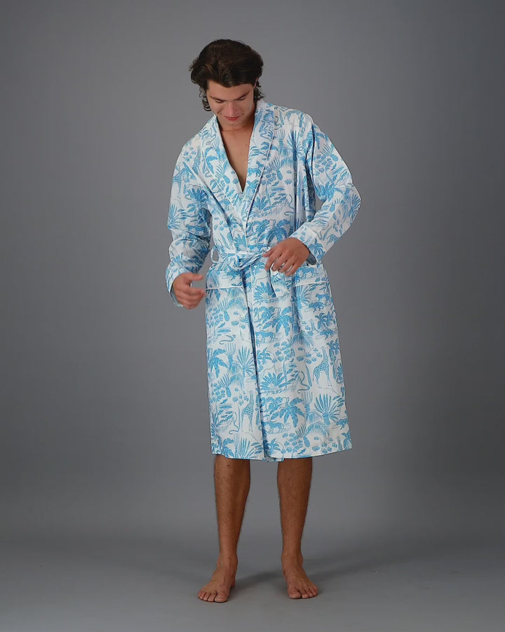 Mens blue dressing gown in denim