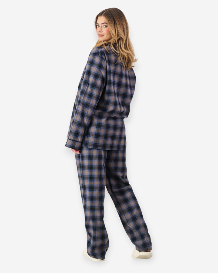 Womens blue brown checked flannel pyjamas