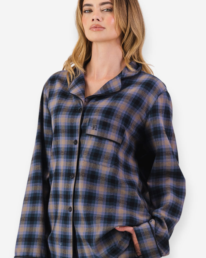 Womens blue brown checked flannel pyjamas