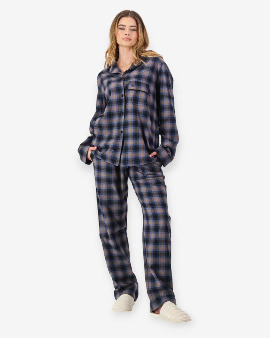 Womens blue brown checked flannel pyjamas