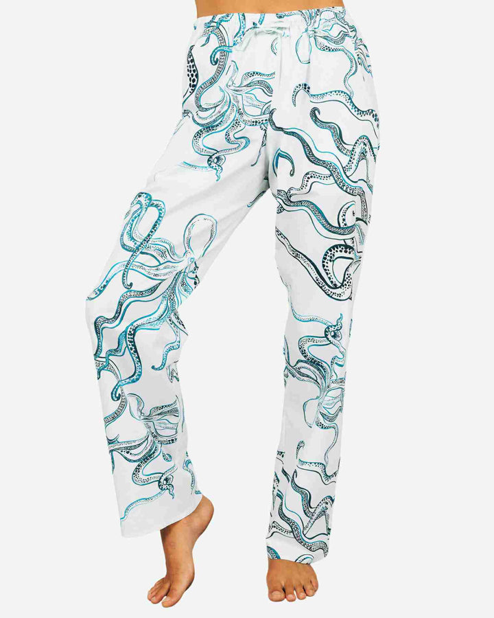 Womens cotton pyjamas pants - Indigo octopuses on white
