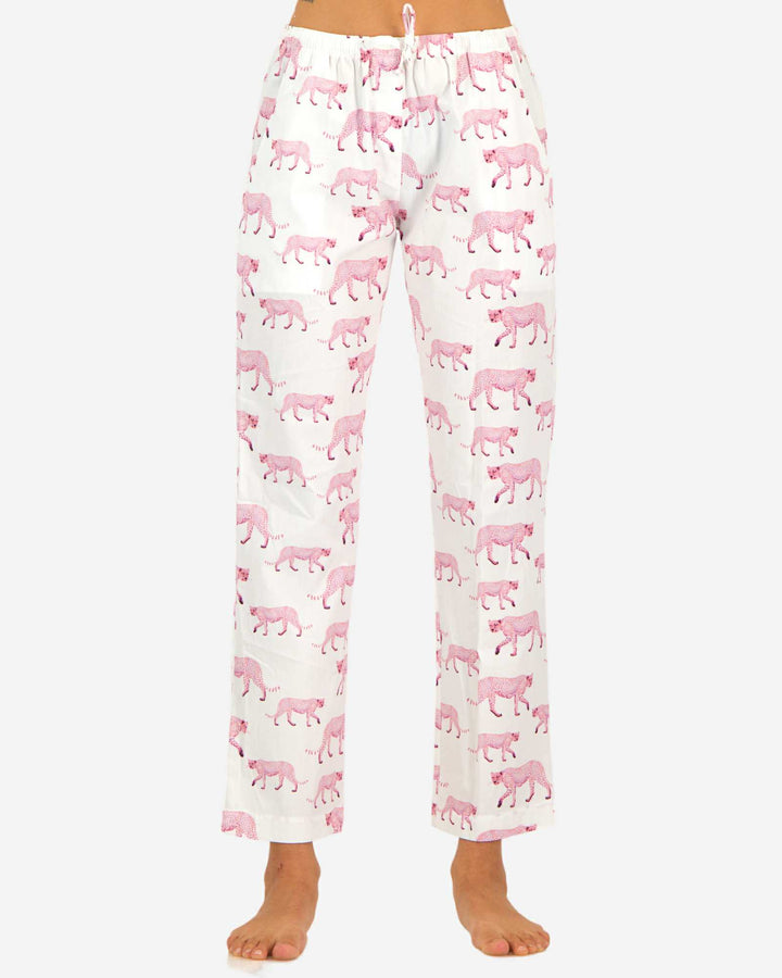 Womens cotton pyjamas pants - Pink cheetah on white