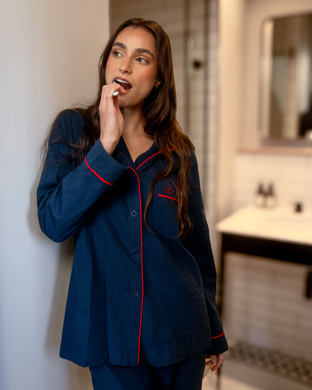 Womens dark navy flannel pyjamas
