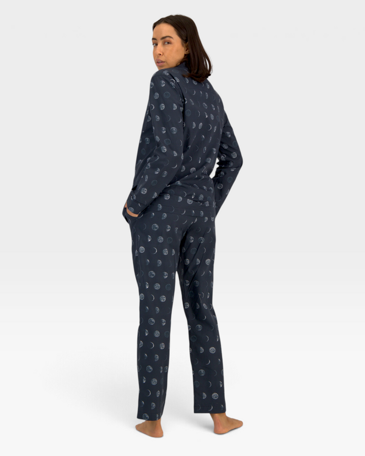 Womens deep blue pyjamas with moon phases.