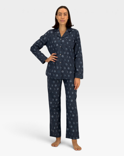 Womens deep blue pyjamas with moon phases.