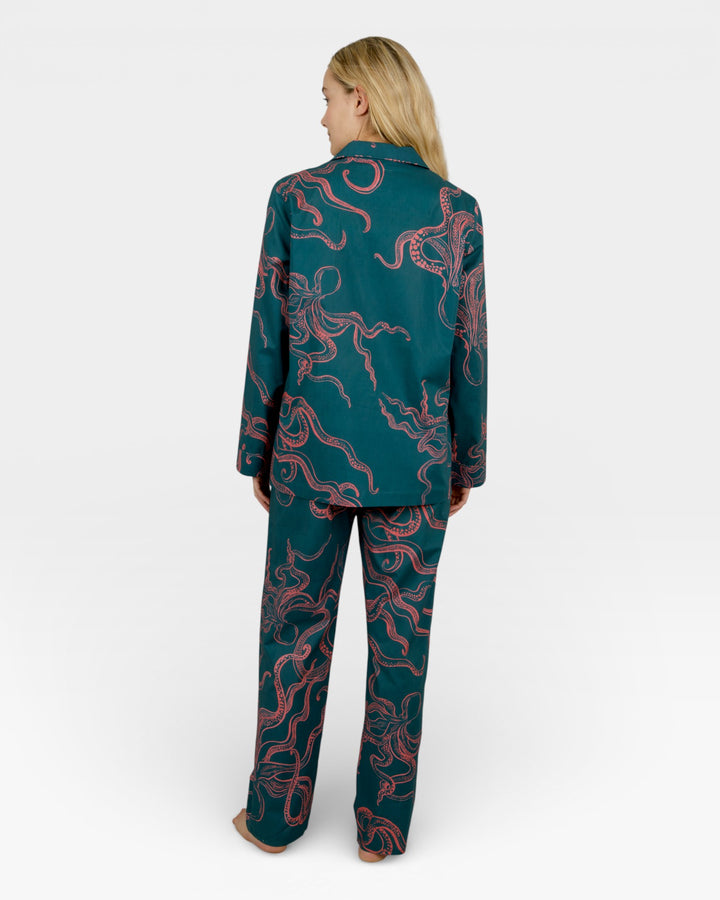 Relaxed fit womens green pyjamas in hand-painted octopus pattern