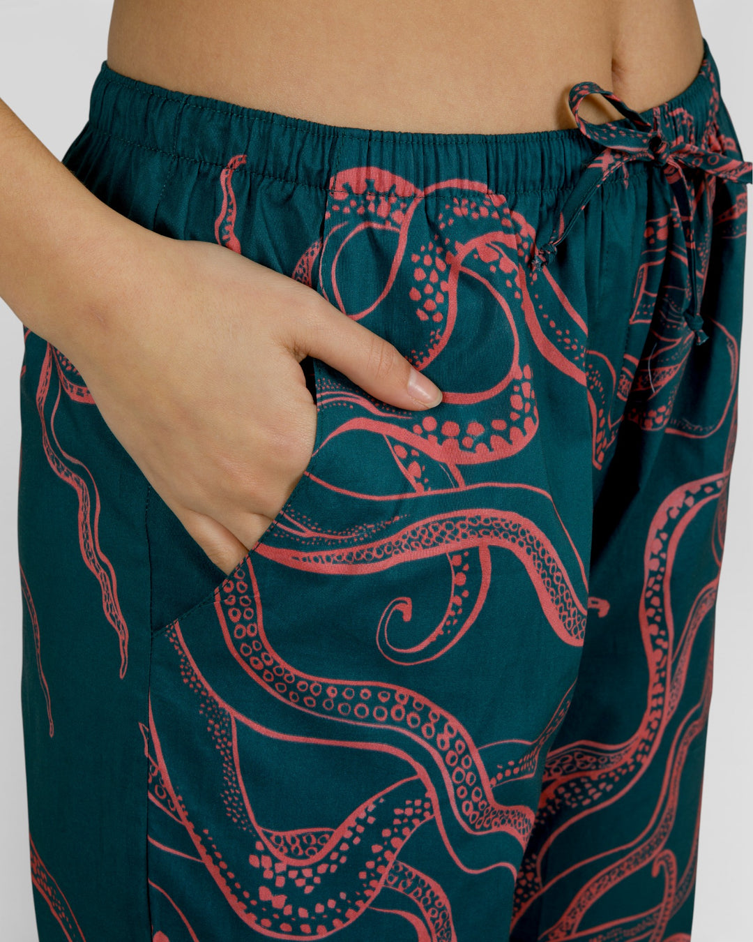 Drawstring waist detail on womens green octopus pyjamas