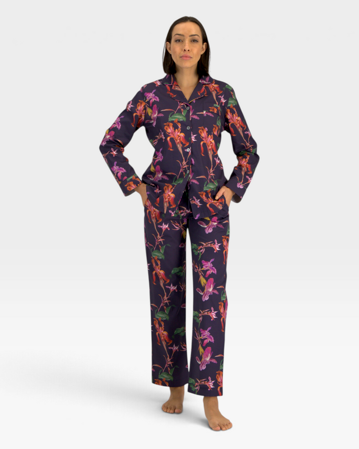 Womens Iris print navy blue cotton pyjama set