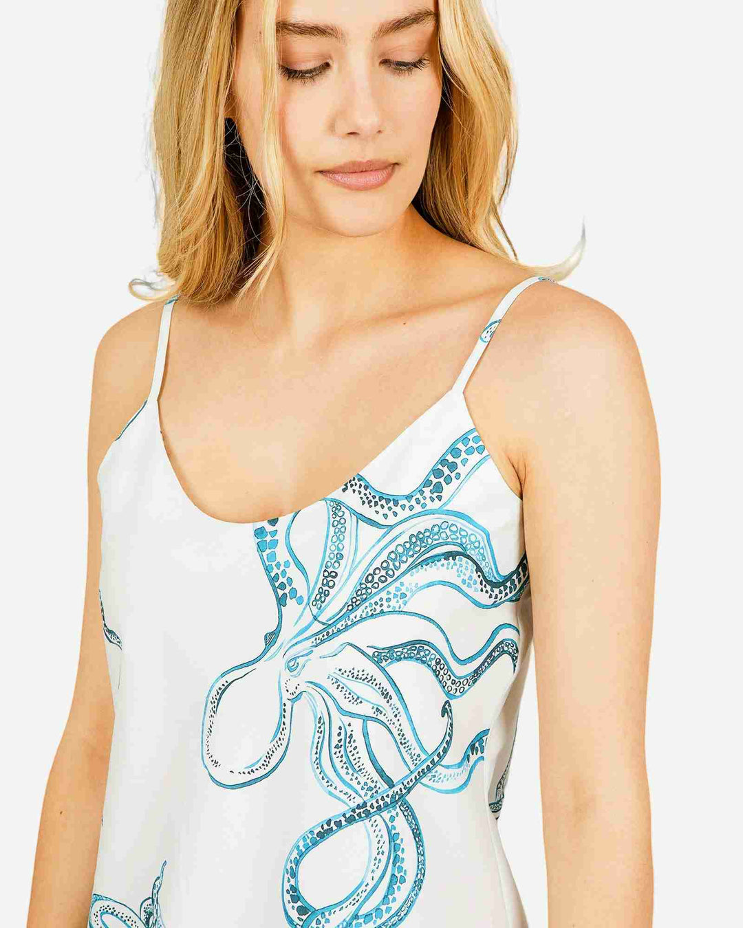 Womens sexy cotton nighty - Indigo octopuses on white