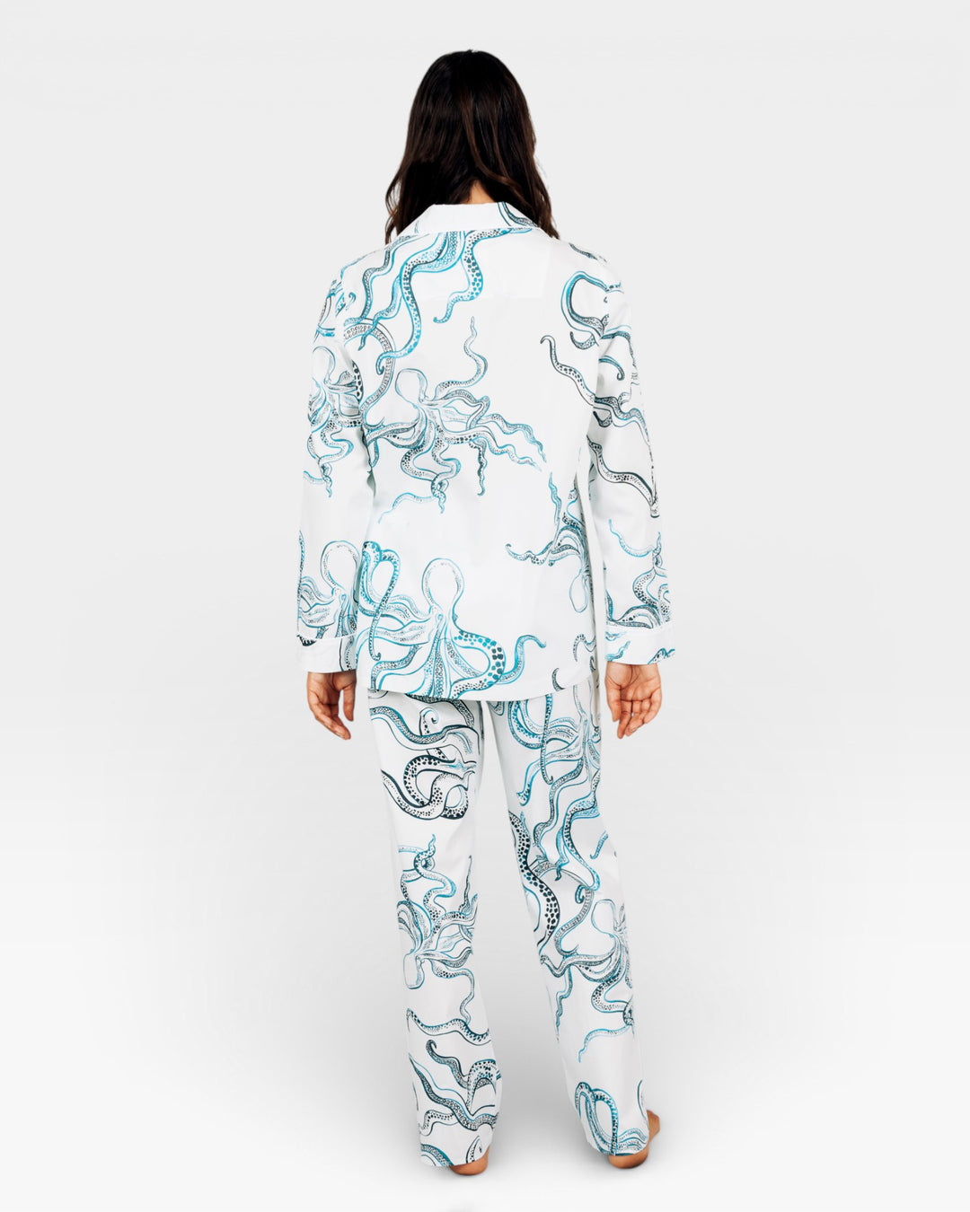 Womens white pyjamas with indogo octopuses in poplin cotton
