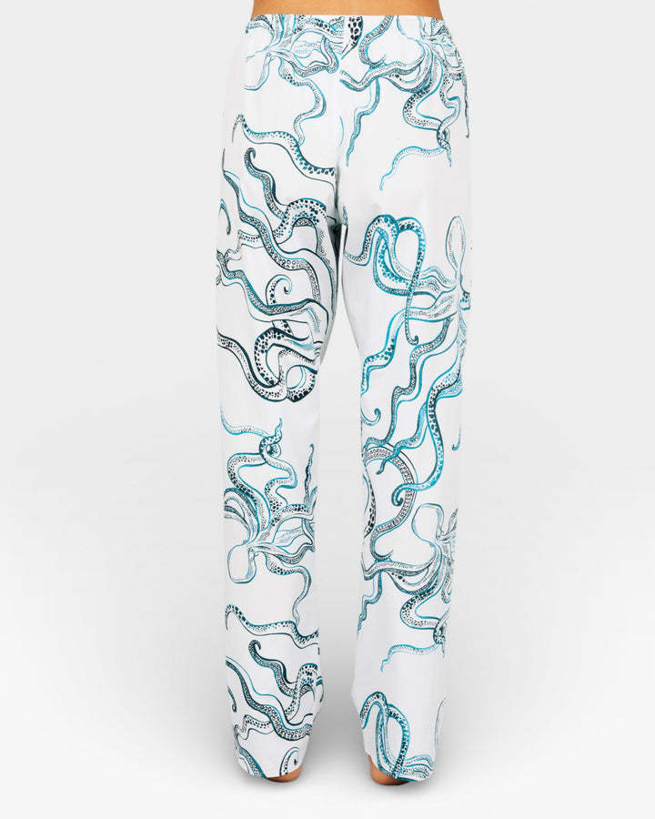 Womens white pyjamas with indogo octopuses in poplin cotton