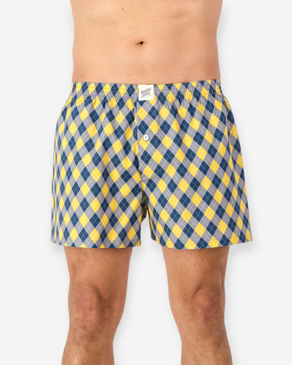 Yellow and blue checkered boxer shorts worn by a person on a white background
