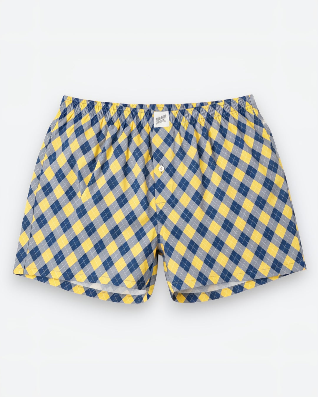 Blue and yellow checkered boxer shorts on a white background