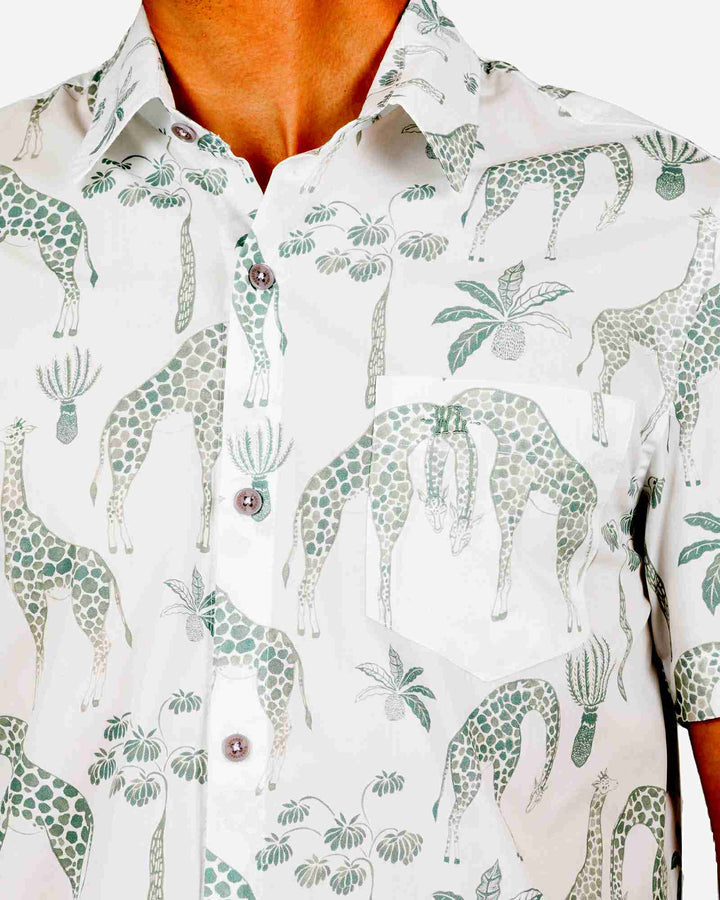 Mens white holiday shirt with green giraffes