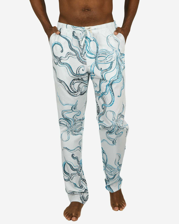Men's lounge pants white with indigo octopus patterns