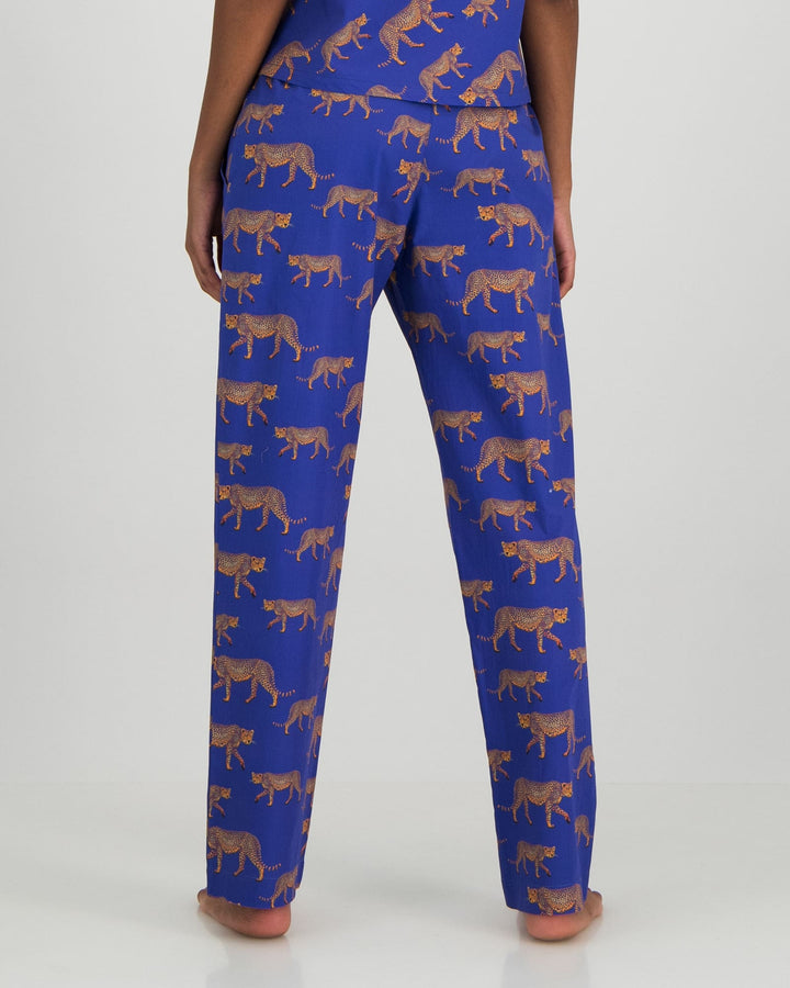 Blue womens lounge pants with cheetahs