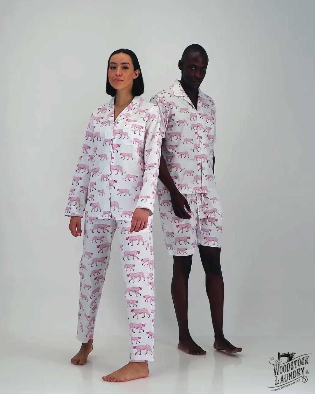 Women's cotton pyjamas set - Pink cheetah on white