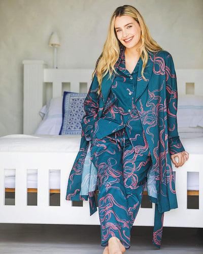 Damen-Pyjama-Set aus Baumwolle – Rosa Oktopusse auf Türkis